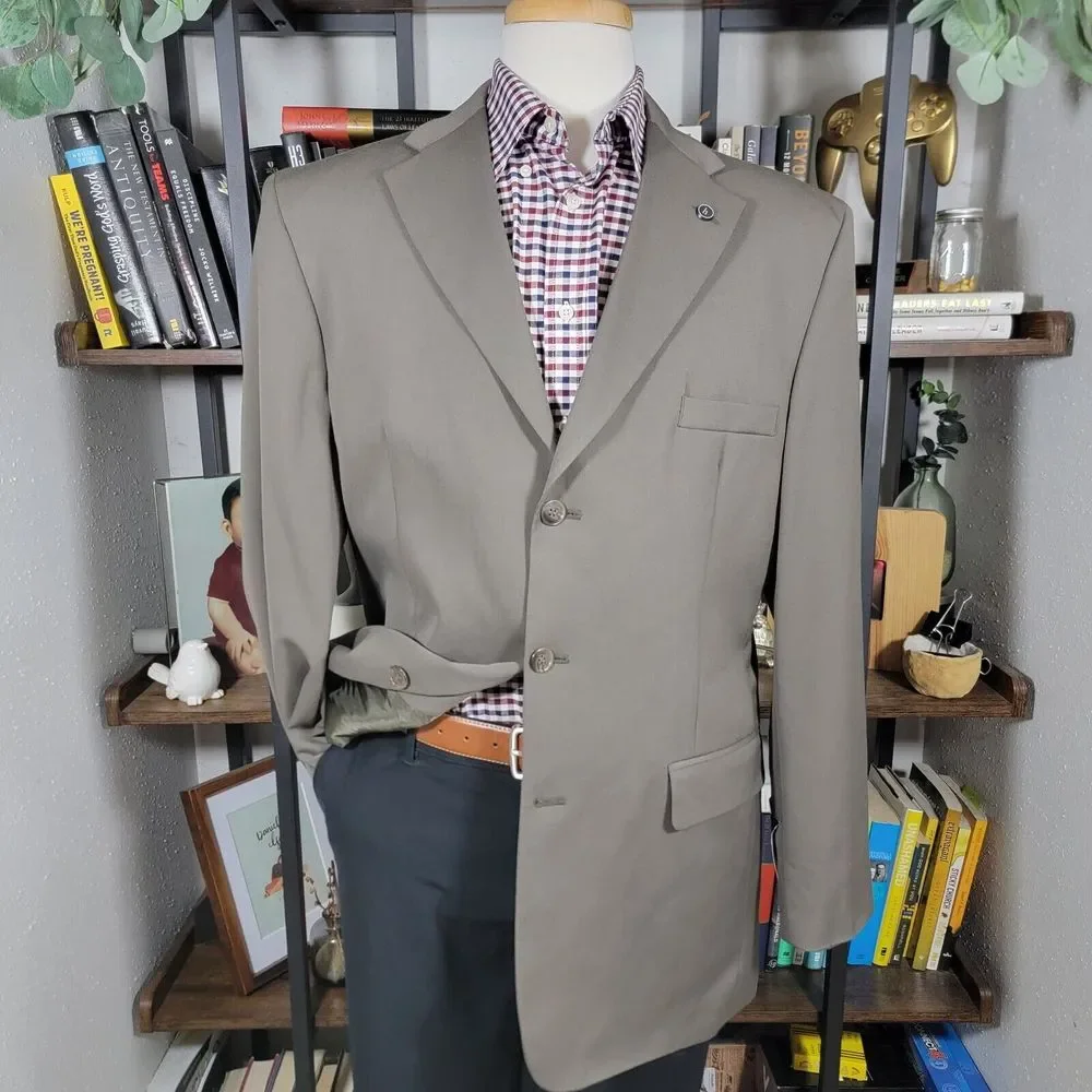Haggar Men's Sport Coat Blazer Three Button Dark Olive Poly Wool Blend 44L NEW
